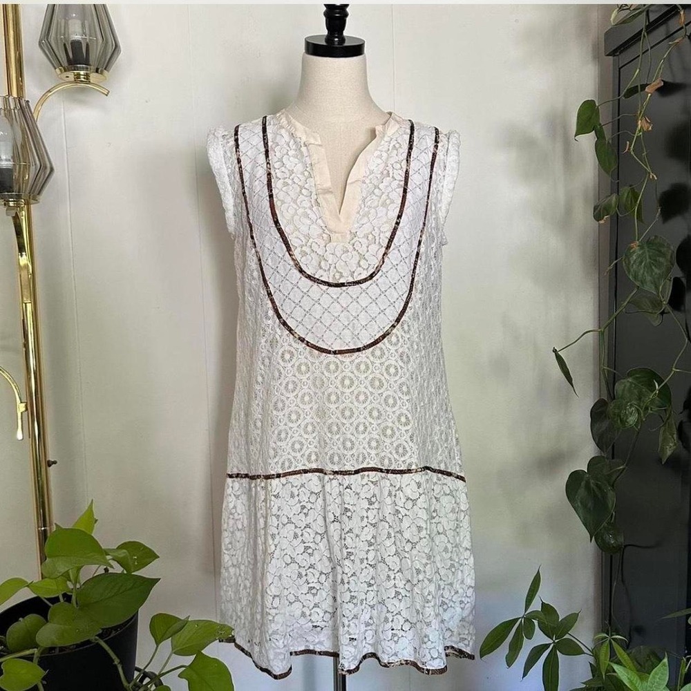 BCBG Maxazria White Lace Tunic Dress Animal Print Trim Small